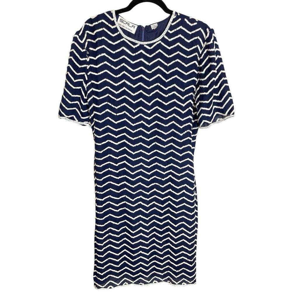 Vintage SCALA Navy Blue White Iridescent Sequin Silk Dress Short Sleeve Size L